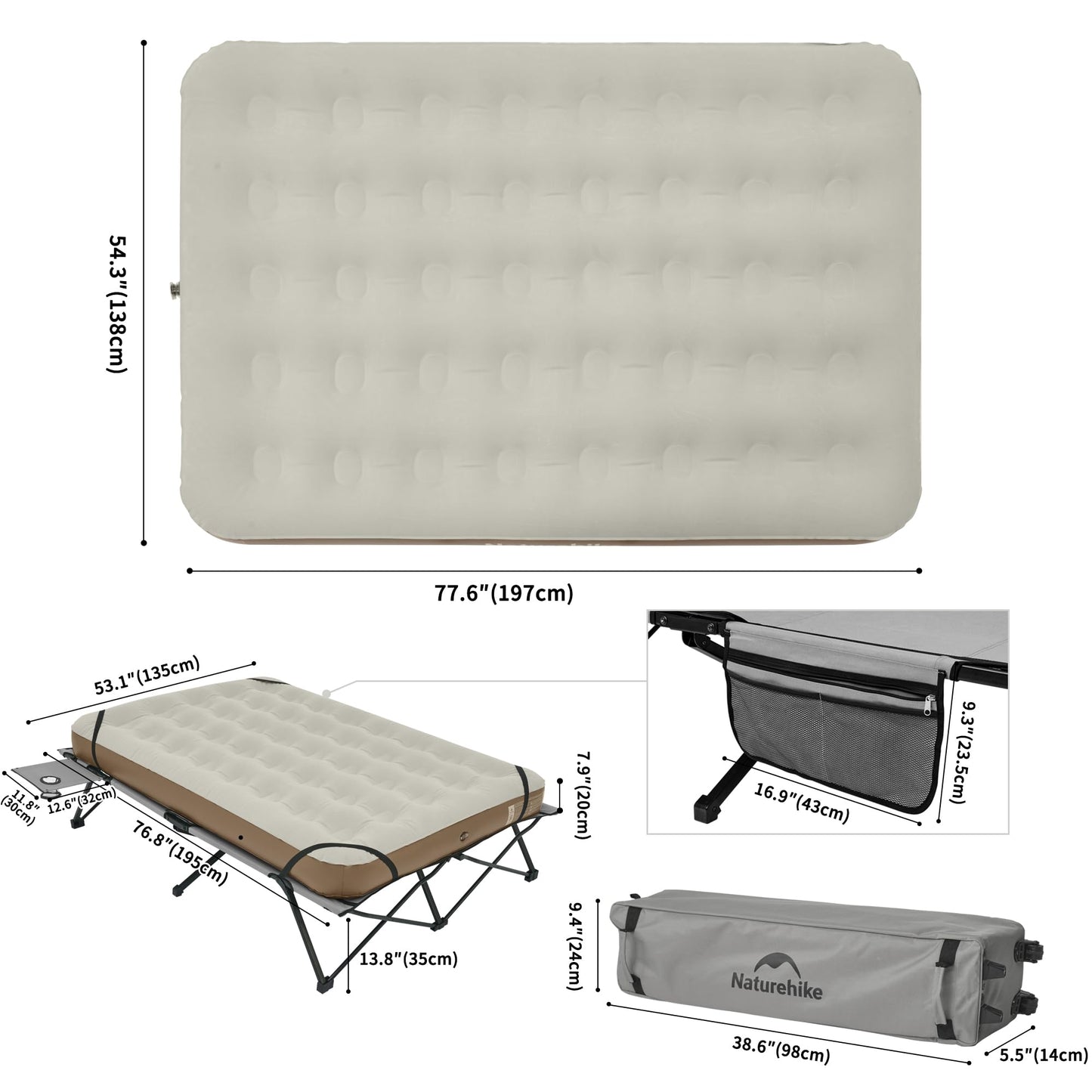 Naturehike Queen-Sized Airbed Cot Combo, Folding 2 Person Camping Cot with Air Mattress, Side Table and Wheeled Carry Bag, Camping Bed for Outdoor Camp Guests (Pump Not Included)