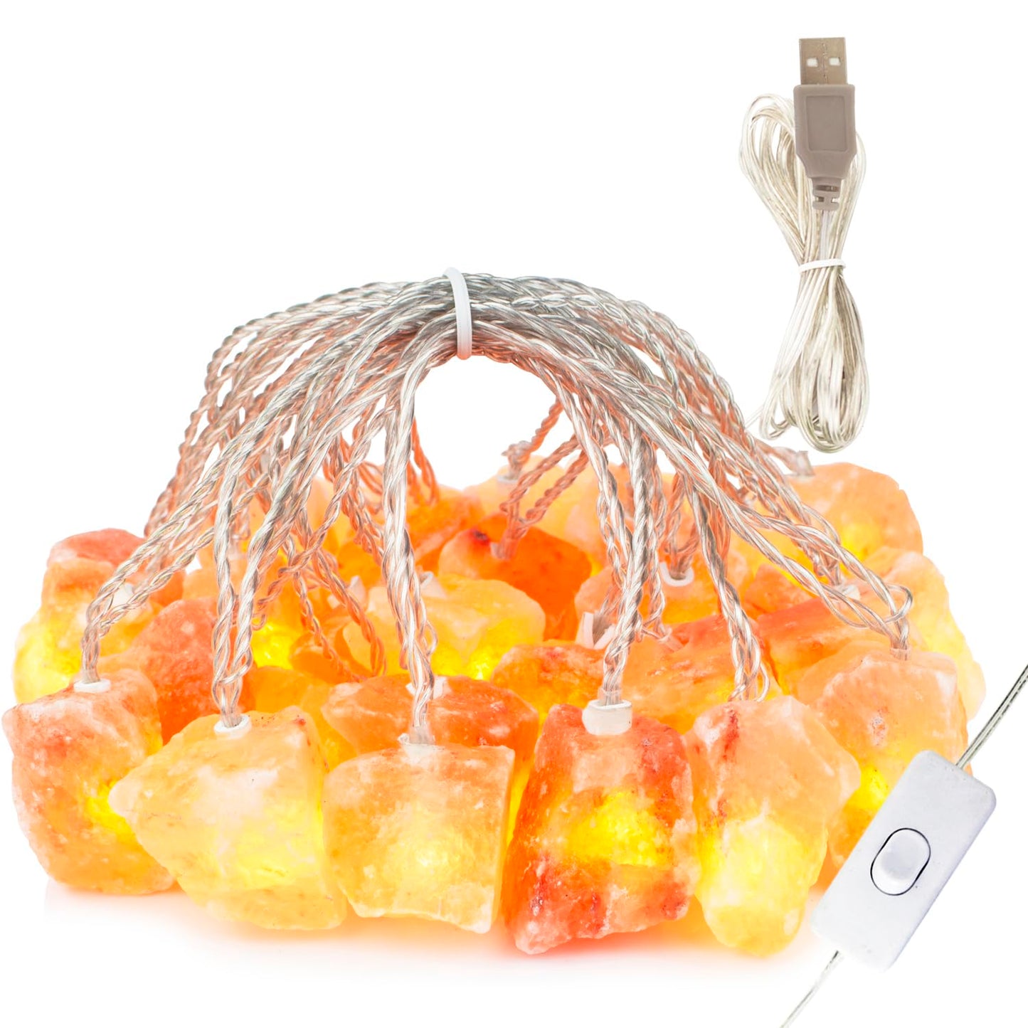 HeaHap Himalayan Salt String Lights with Switch, 20 Natural Salt Block LED Light with USB Interface Suitable for Decorating Home, Bedrooms, Fireplaces（Total Length: 11.5 Feet）
