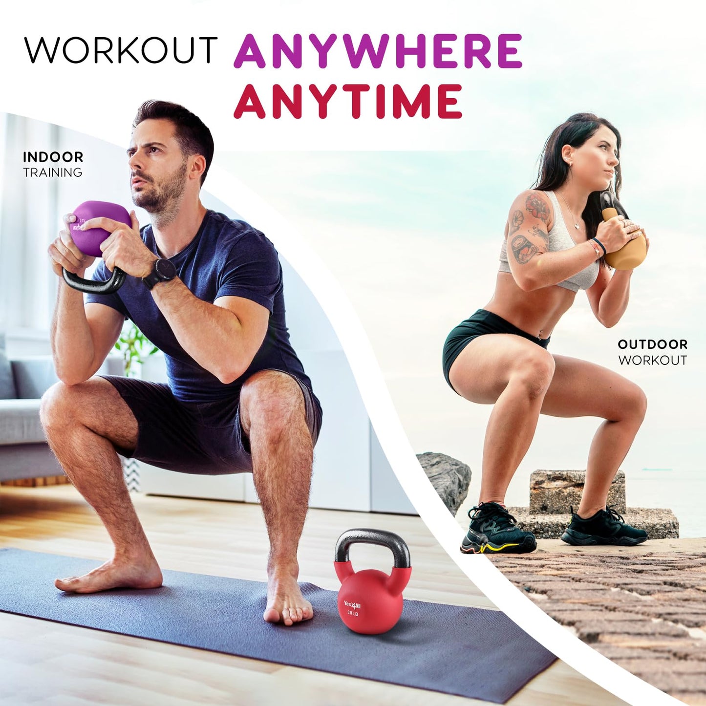 Yes4All Kettlebell, 5-65 LB Neoprene Coated Cast Iron Kettlebells, Wide Grip Handle & Flat Bottom for Swings, Squats, Deadlifts, Push Ups & Full Body Training at Home Gym - Single & Set