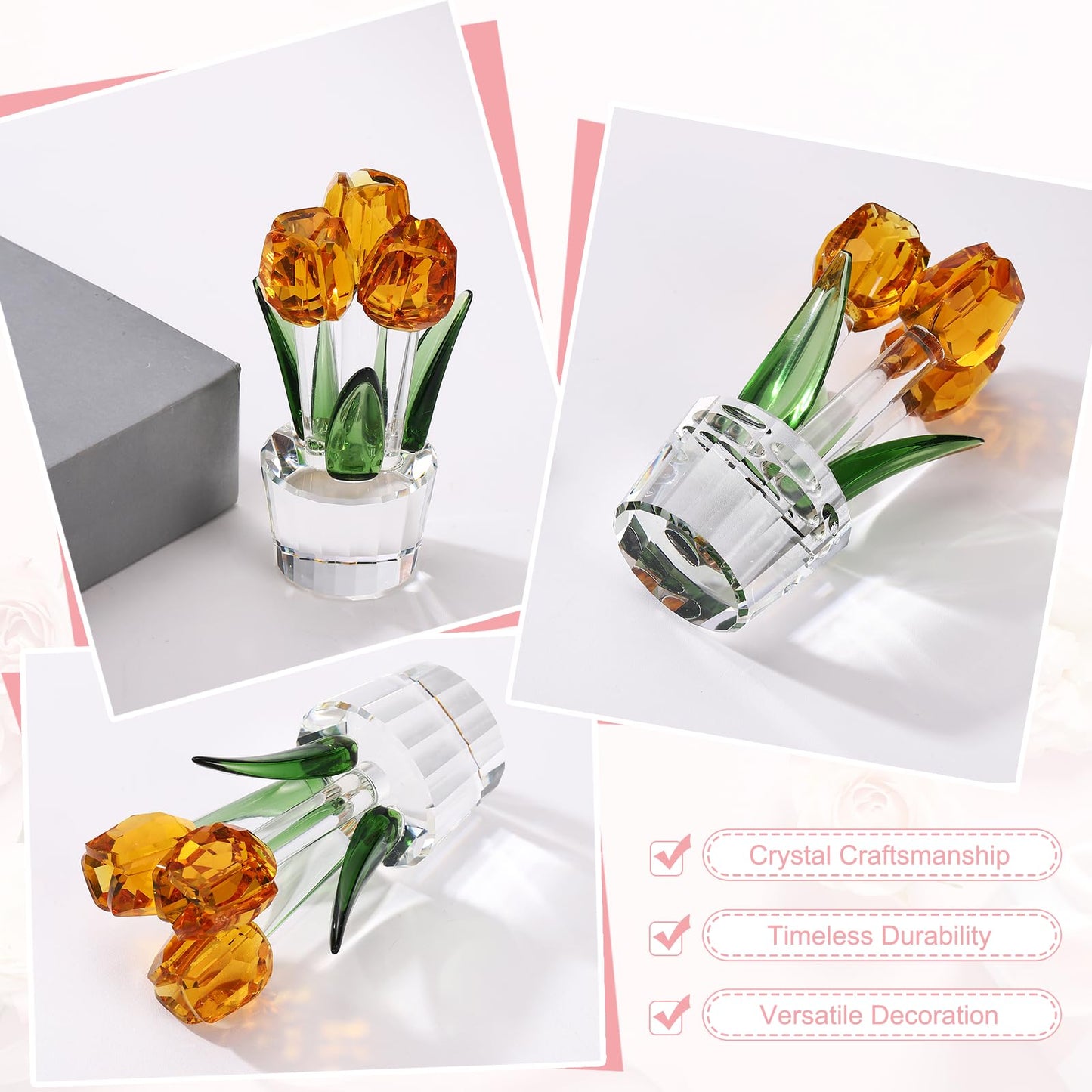 uxcell Crystal Tulips Flower Figurine, Tulips Figurines Flowers Bouquet Ornaments Bouquet Decor Collectible for Birthday Anniversary Wedding Gifts Valentine's Day Gifts, Yellow