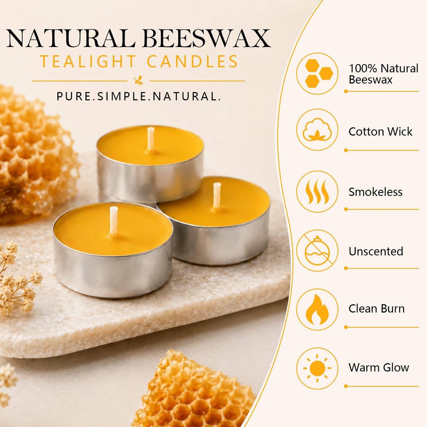 32 Pack Natural Beeswax Tealight Candles 4-5 Hour Long Burning Time