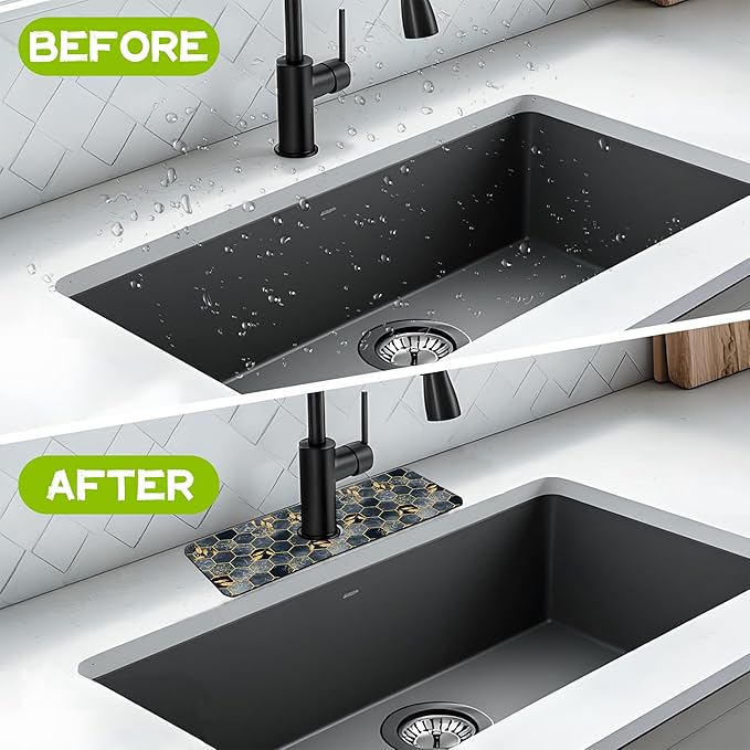 Kitchen Sink Splash Hexagon Marble and Golden Leaves Guard Faucet Mat Super