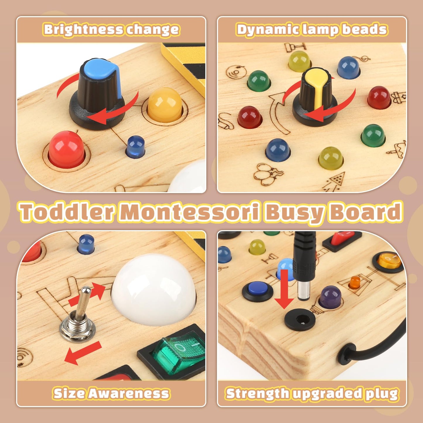 Joyreal Montessori Busy Board 2 Year Old, Wooden Fidget Sensory Toy for Toddlers, Activity Board with 19 LED Lights, Educational Travel Toy for Boys Girls 2 3 4 Year Old