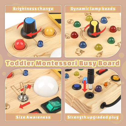 Joyreal Montessori Busy Board 2 Year Old, Wooden Fidget Sensory Toy for Toddlers, Activity Board with 19 LED Lights, Educational Travel Toy for Boys Girls 2 3 4 Year Old