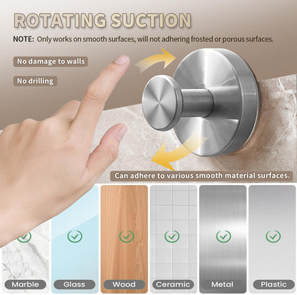 SOCORIA 2026 Upgraded Drill-Free Suction Cup Hooks, Stainless Steel Suction Cup Hooks for Shower, Mirror, Wall, Bathroom, Glass, Hanging Towels - 4 Pack, Brushed Silver
