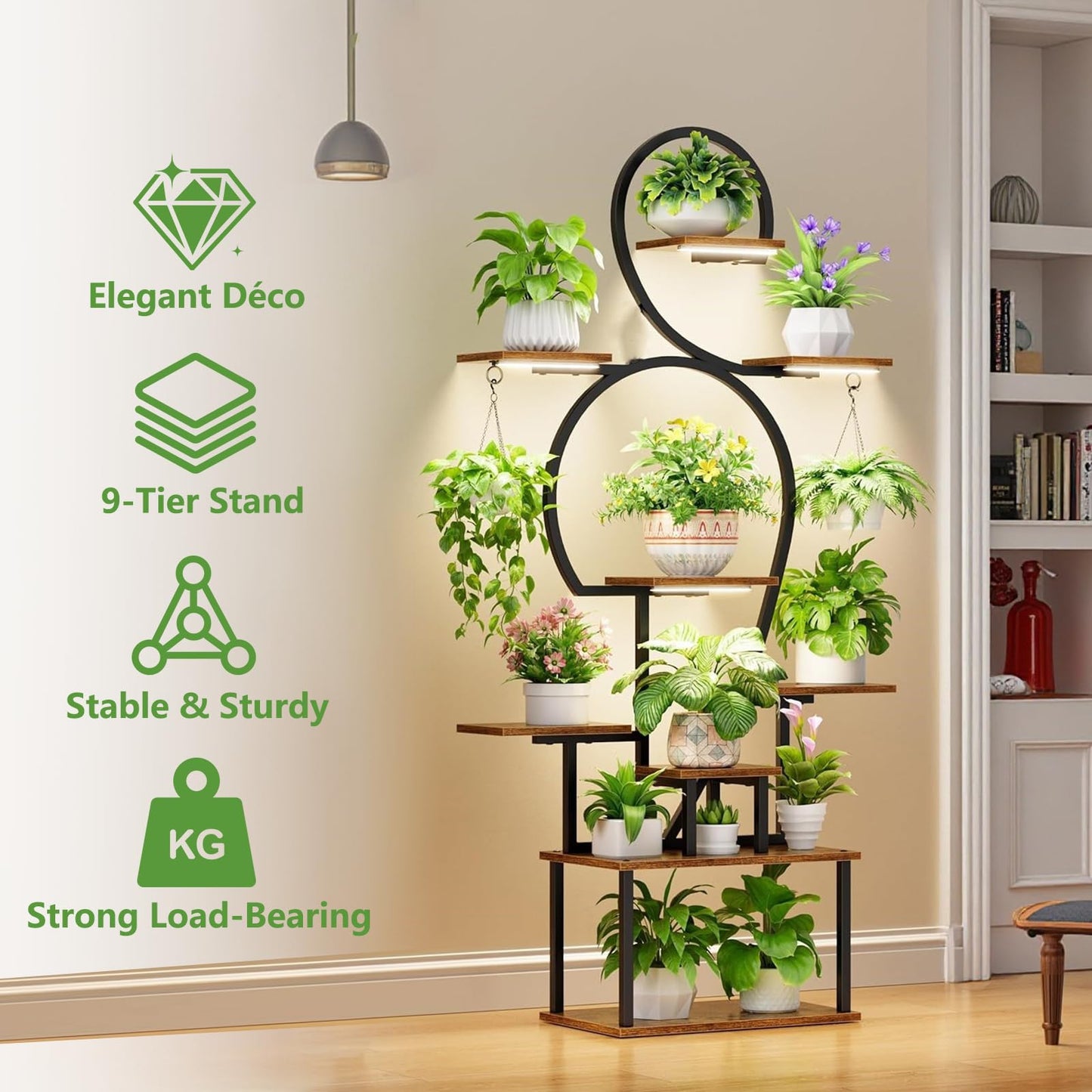 Rhncof Plant Stand Indoor with grow lights: 9 Tiered Large Plant Shelf with Lights, 64" Multi Tier Tall plant stand for indoor growing Llighted Corner Plant Rack