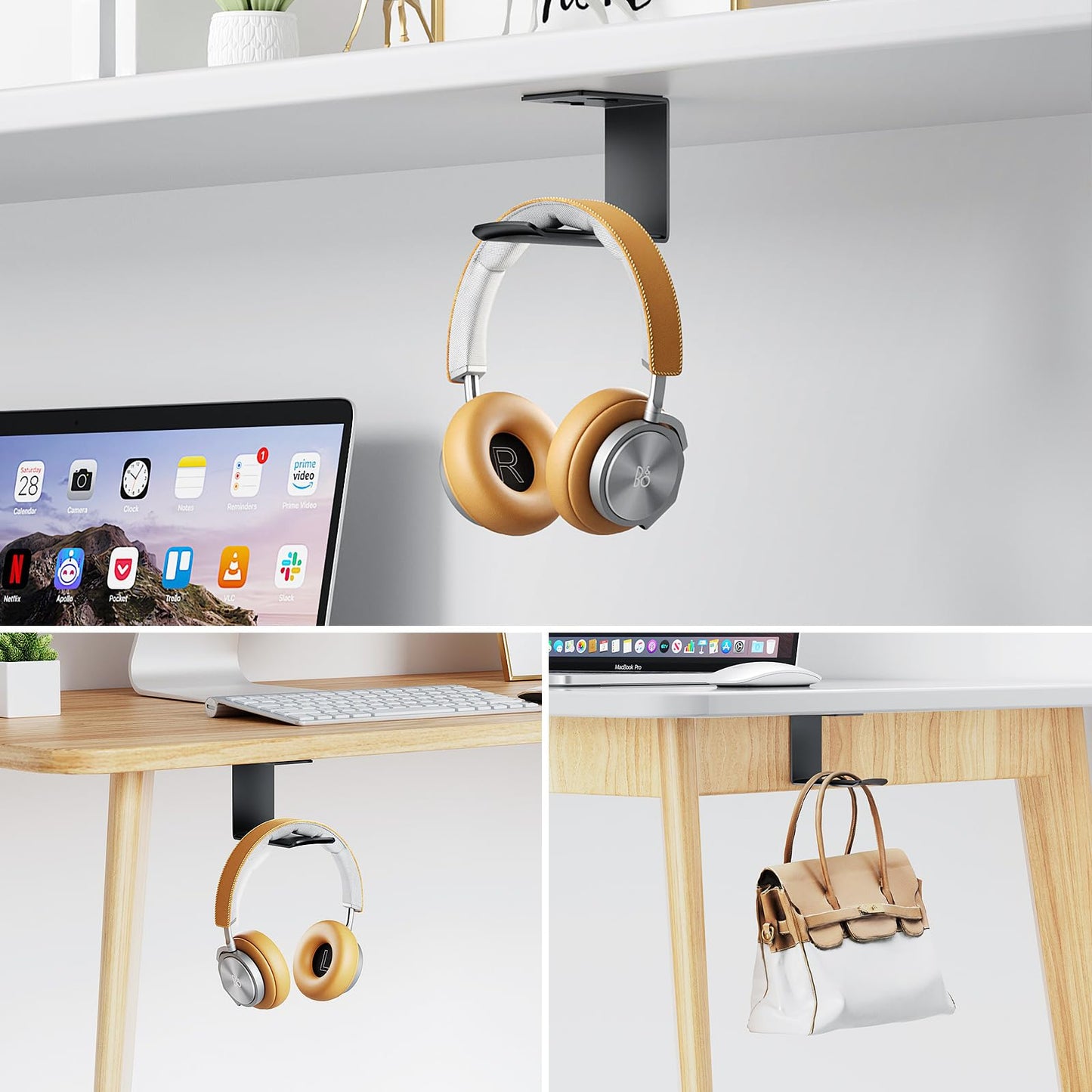 Yocice Headphone Stand Hanger,Headset Holder Mount,Aluminum Hook with Strong Adhesive Tape for Headphones (H02-Black-1PCS)