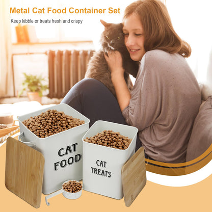 Cat Food and Treats Containers Set with Scoop for Cats or Dogs -Tight Fitting Wood Lids - Coated Carbon Steel - Storage Canister Tins-Cat-White