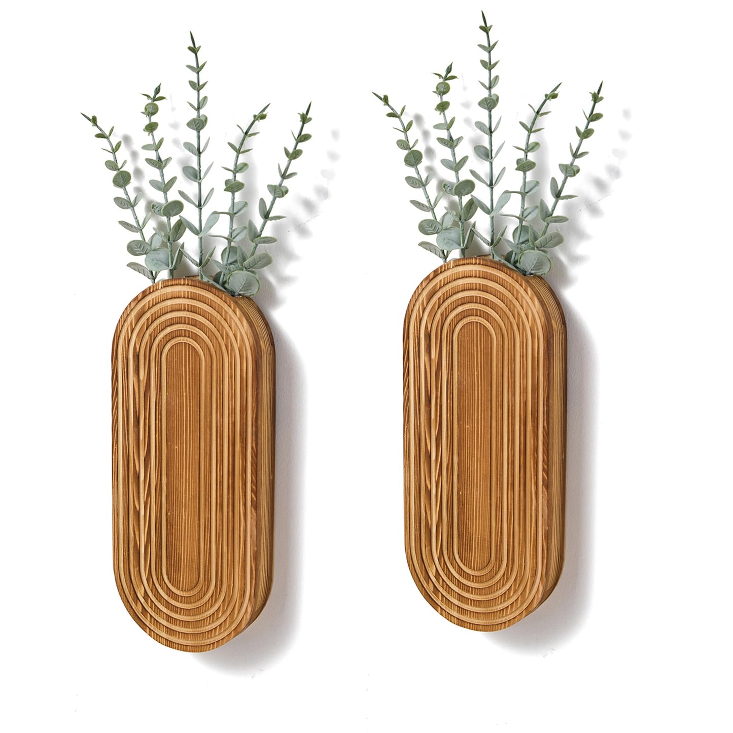 Mokof 2 Pack Carved Wood Wall Planters with Fake Eucalyptus Stems for Wall Decor - Boho Wooden Wall Art for Living Room, Bedroom, Bathroom (Brown)