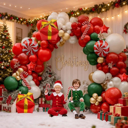 Christmas Balloons Garland Arch Kit, Double Stuffed Dark Green Red Gold Pearl White Balloons for Christmas New Year Xmas Holiday Birthday Party Decorations