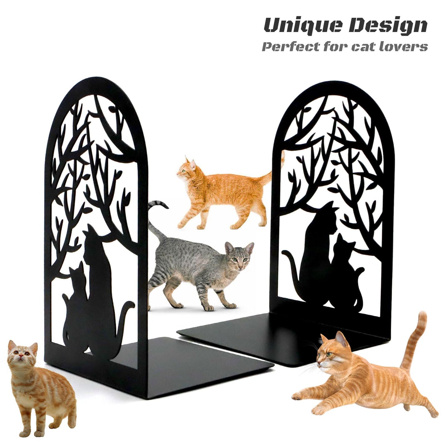 Book Ends, Bookends, Metal Bookend, Cat Decorative Bookends, Bookends for Shelves, Home Decorative Bookends for Heavy Books, Black Non-Skid Book Stopper, 7 x 4.7 x 4 inch (2 Pair)