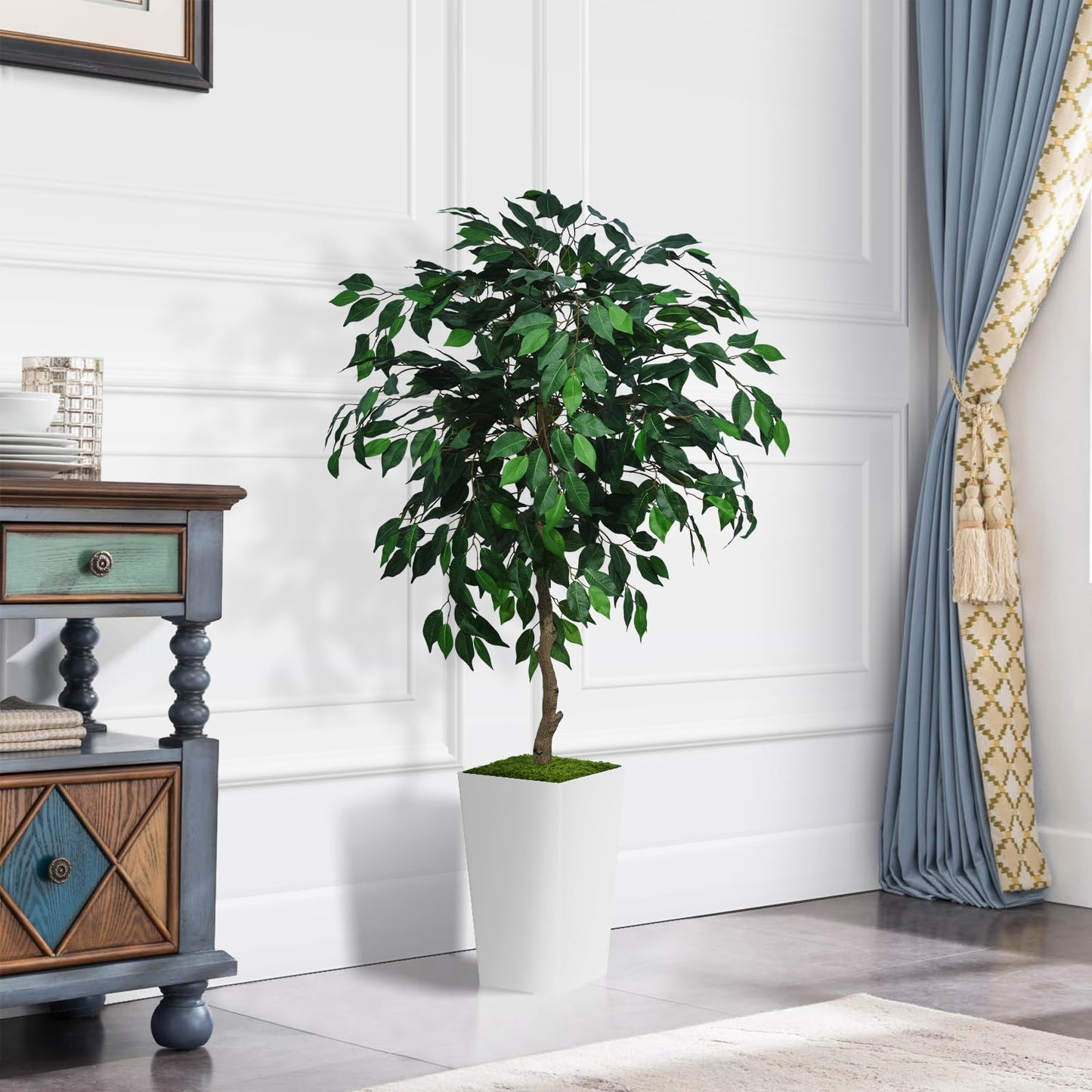 ASTIDY Artificial Ficus Tree 5FT - Faux Indoor Tree with White Tall Planter - Fake Ficus Floor Plant Potted - Artificial Silk Tree for Home Office Living Room Decor Indoor