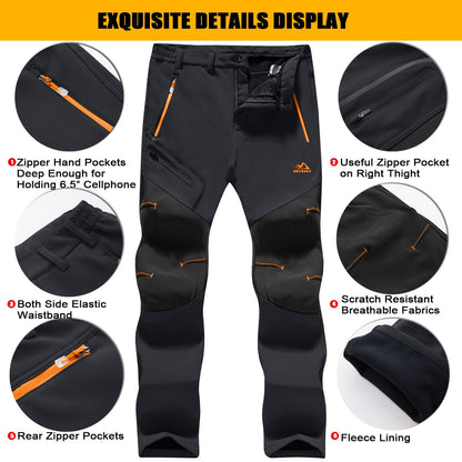 TACVASEN Winter Trousers - Men's Softshell Waterproof Thermal Fleece Hiking Pants, Thick - Black, 34