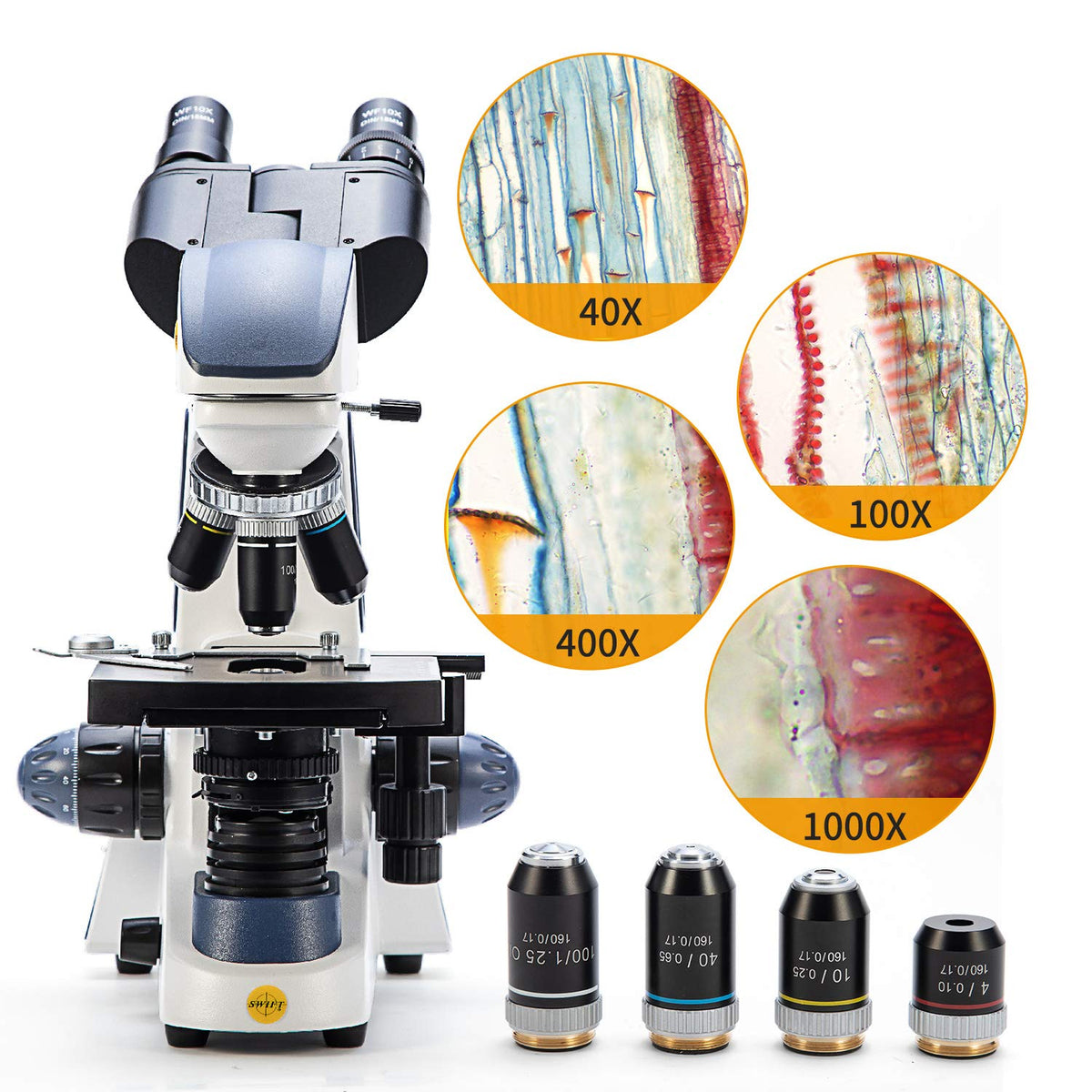 SWIFT SW380B 40X-2500X Magnification, Research-Grade Binocular Compound Lab Microscope, Mechanical Stage, with 5.0 mp Camera and Software Windows/Mac Compatible and 100pcs Blank Slides