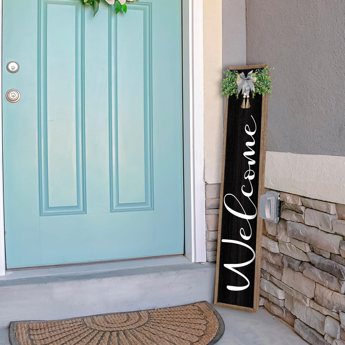 LuZhiQiang Front Porch for Welcome Standing Sign 45"X9" Vertical Tall Long Leaner Wood Framed Outdoor Front Door Sign Decor (Wood Black)