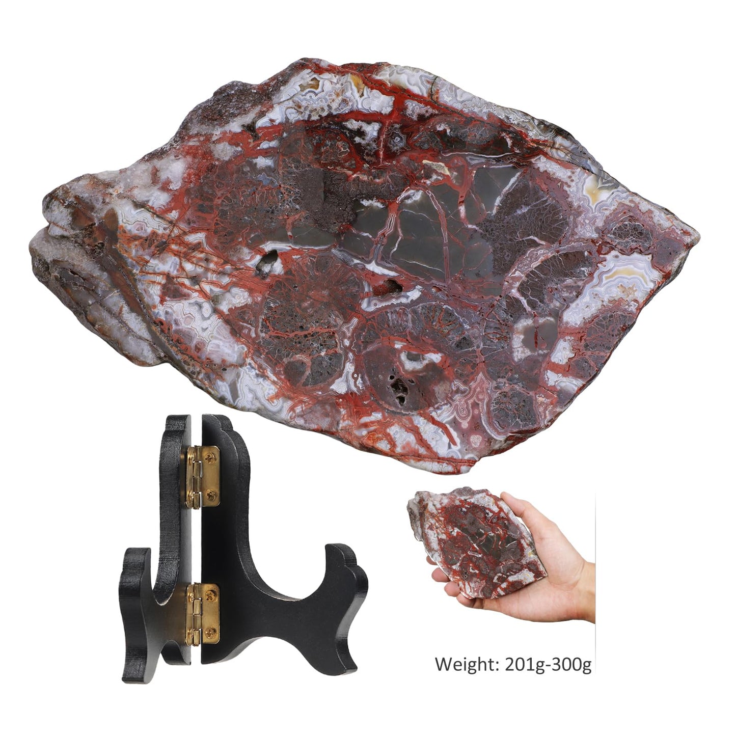 Rockcloud Natural Mexican Agate Slab with Wooden Stand, Irregular Agate Slice Specimen for Home Office Table Display, 0.44-0.66 lb