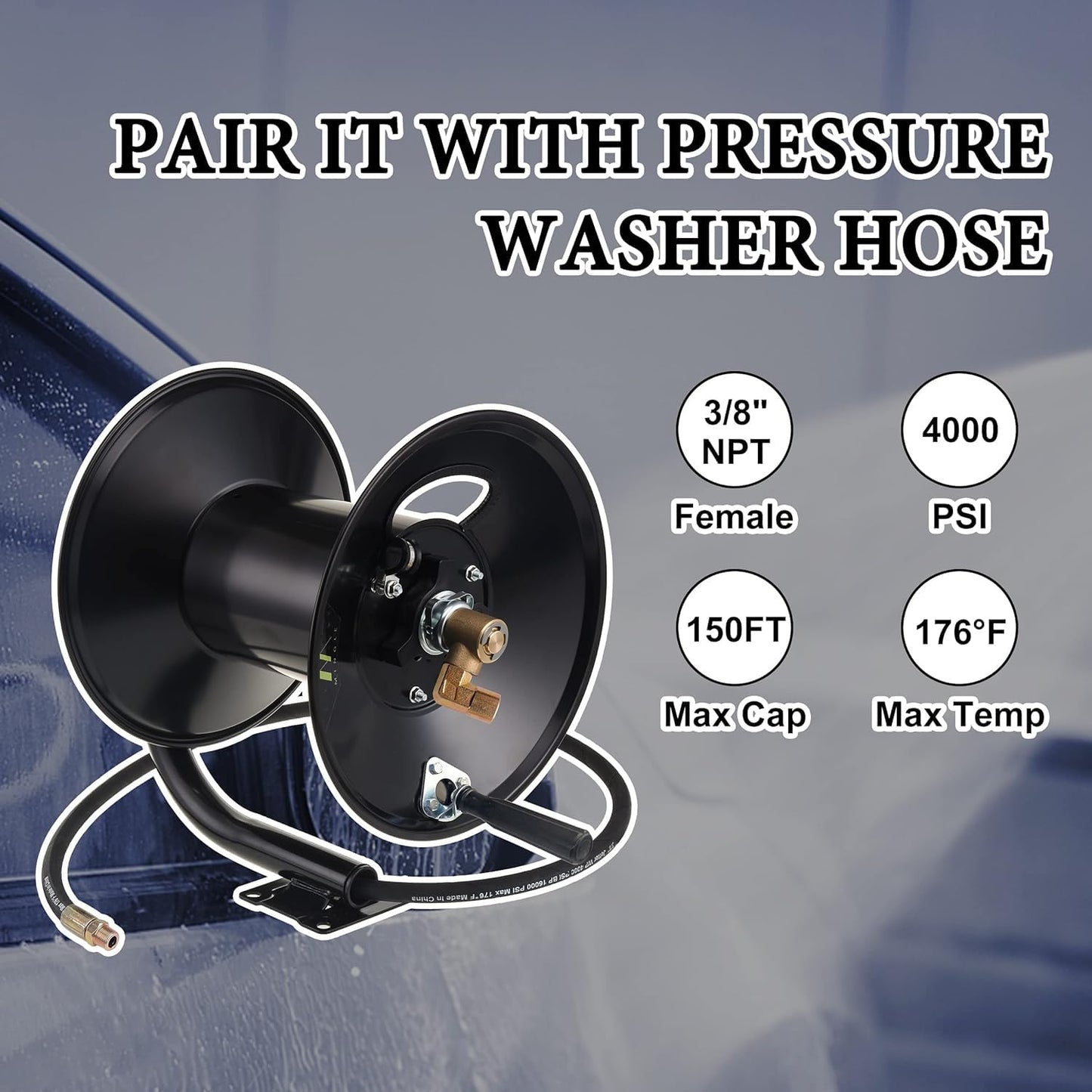M MINGLE High Pressure Washer Hose Reel 150ft, Heavy Duty Steel Hose Reel, Manual Crank Power Washer Hose Reel with 3/8" Pressure Wash Hose, Swivel Arm and Mounting Bracket, 4000 PSI