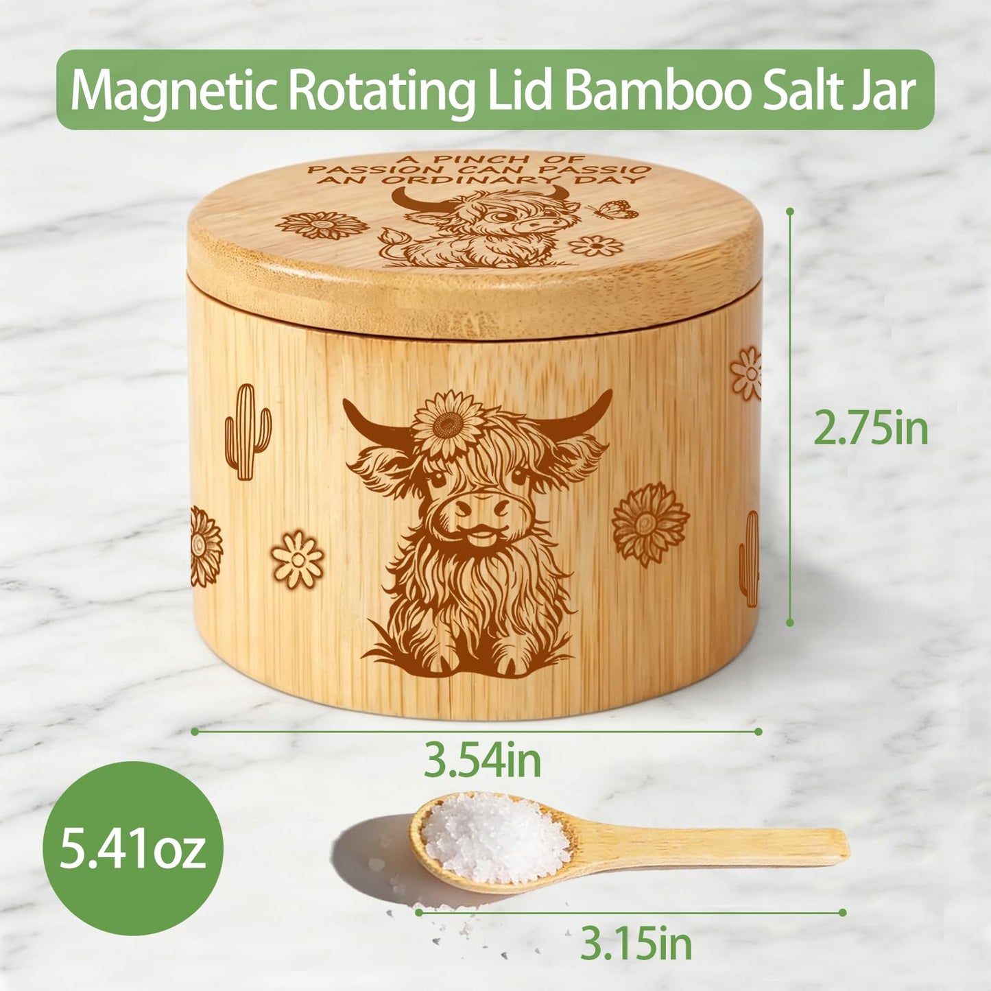 bxsgxin Bamboo Salt Cellar with Swivel Lid Highland Cow Salt Container Built-in spoon and magnetic clasp Ideal for salt, sea salt, pepper, sugar and spices（cow）
