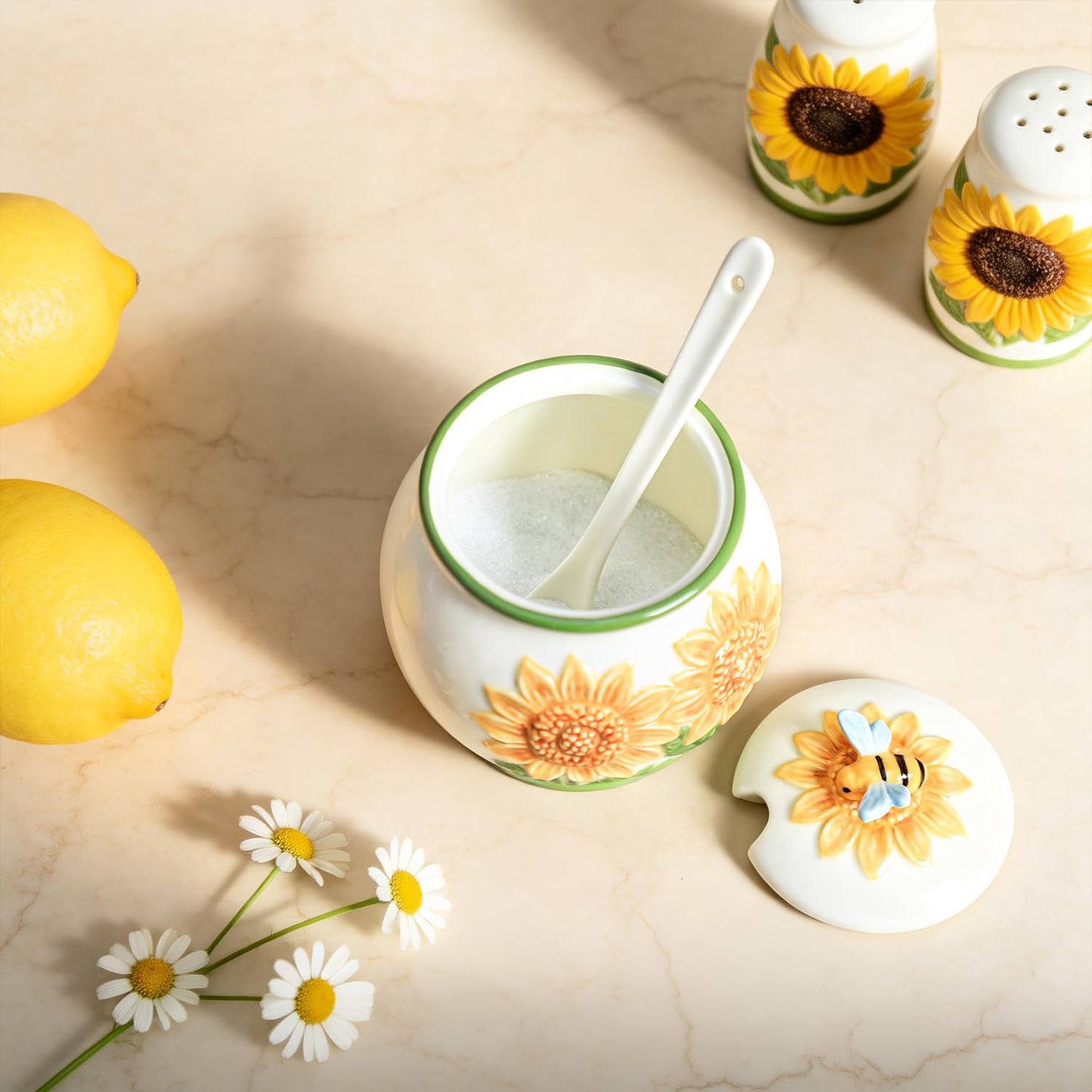 WAIT FLY Embossed Sunflower and Bee Ceramic Sugar Bowl with Lid and Spoon, Sugar Container, Sugar Jar for Kitchen Countertop, Coffee Bar-A