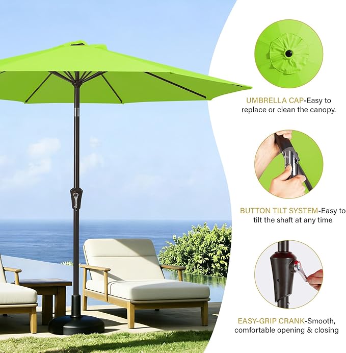 MEWAY 9ft Patio Umbrella Outdoor Table Umbrellas with Push Button Tilt and Crank, Market Umbrella 8 Sturdy Ribs for Deck, Garden, Pool and Backyard, Apple Green