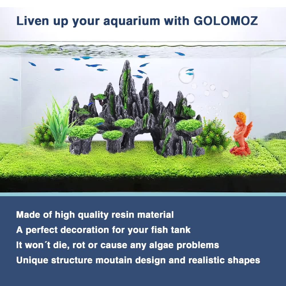 GOLOMOZ Large Fish Tank Decorations - Fish Tank Decor Aquarium Rock Mountain View Aquarium Ornament Tree House Cave Fishtank Rocks for Large Fishtank Glofish Tank Decorations