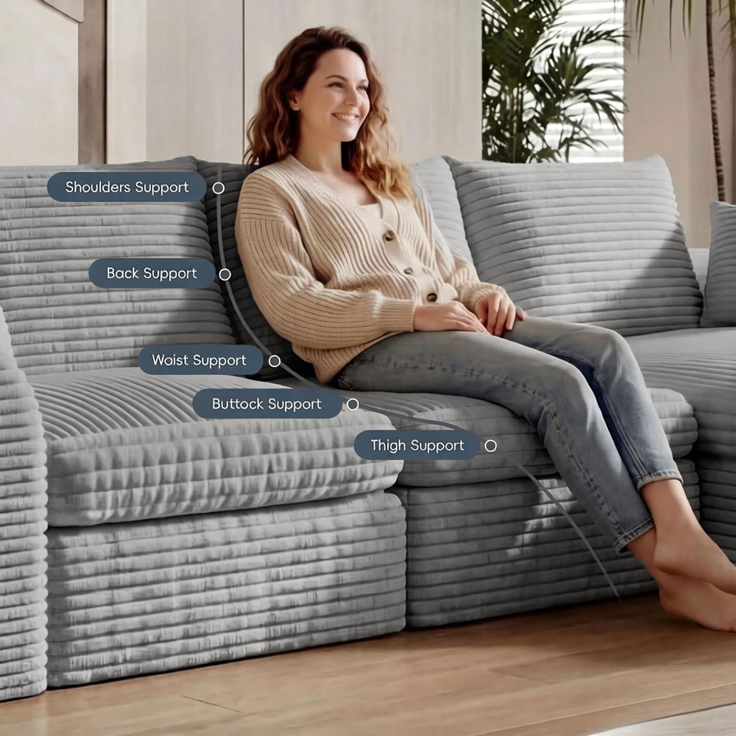 102-Inch L-Shaped Modular Boneless Cloud Sectional Sofa 4 Seat Floor Foam Sofa Couches Deep Seat with Ottoman,Comfy Corduroy Upholstered 4 PCS Compressed Cloud Couch