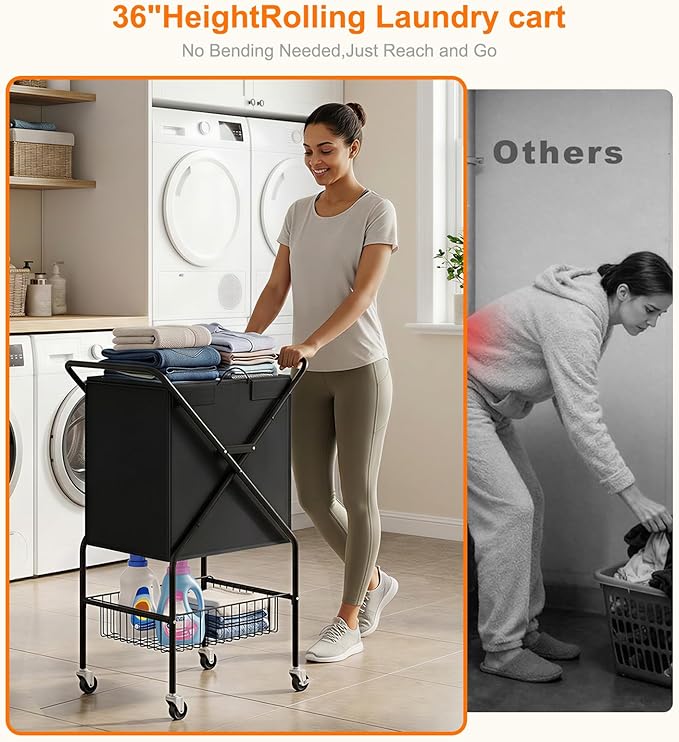 Laundry Basket with Wheels:88L Rolling Laundry Cart Foldable Metal Frame Dirty
