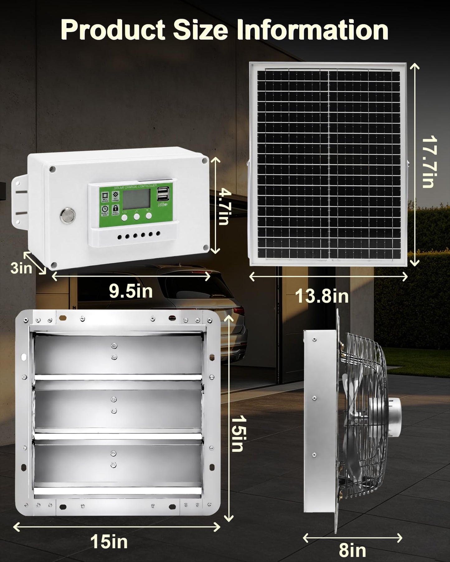 12" High Speed Solar Exhaust Fan for Greenhouse Equipped with Two 30W Solar Panel, with Battery and Smart Charging System. Applicable to Garages, Sheds, Attics, Storage Rooms, RVs