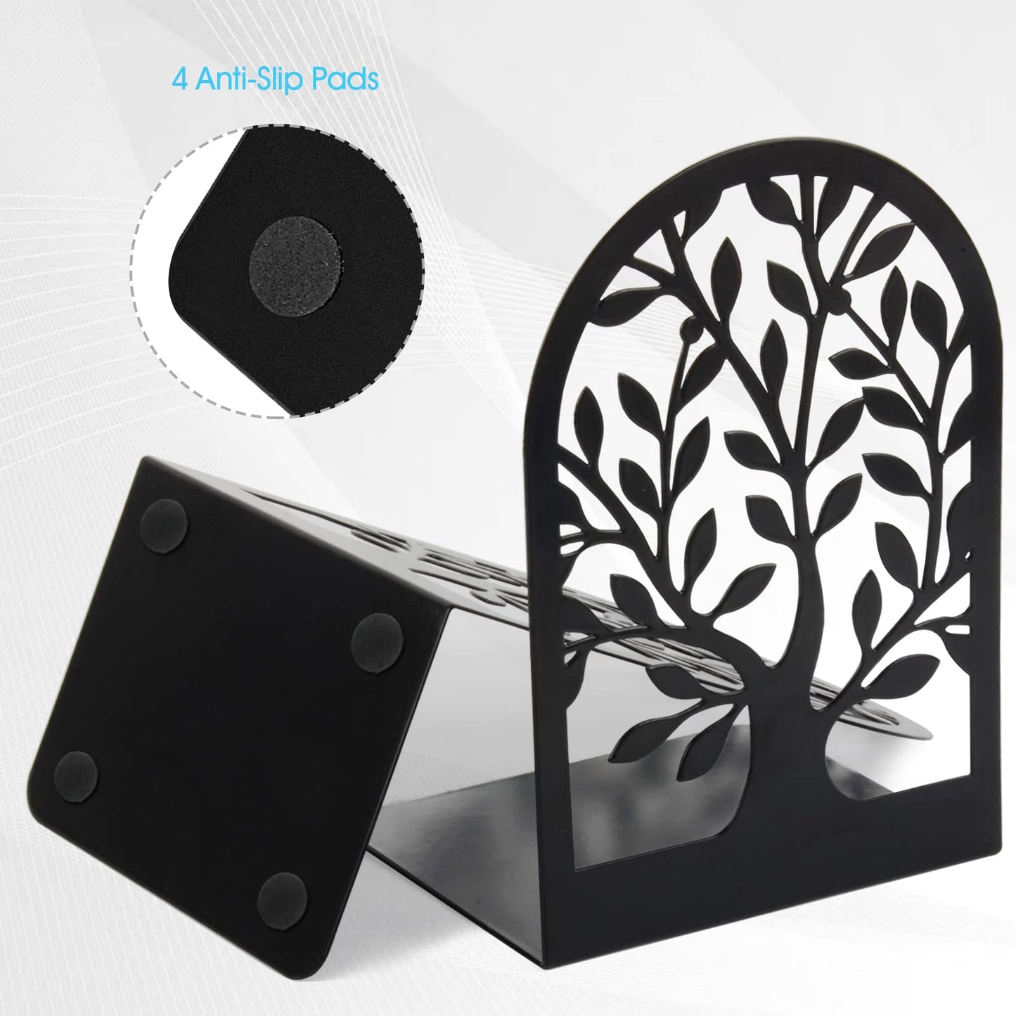 HappyHapi Book Ends, Metal Bookends for Shelves Decorative, Tree Stopper for Heavy Books, Black Ends to Hold Books for Home Office, 6.5 X 4.7 X 3.5 Inch(3 Pairs/6 Pcs, Large)