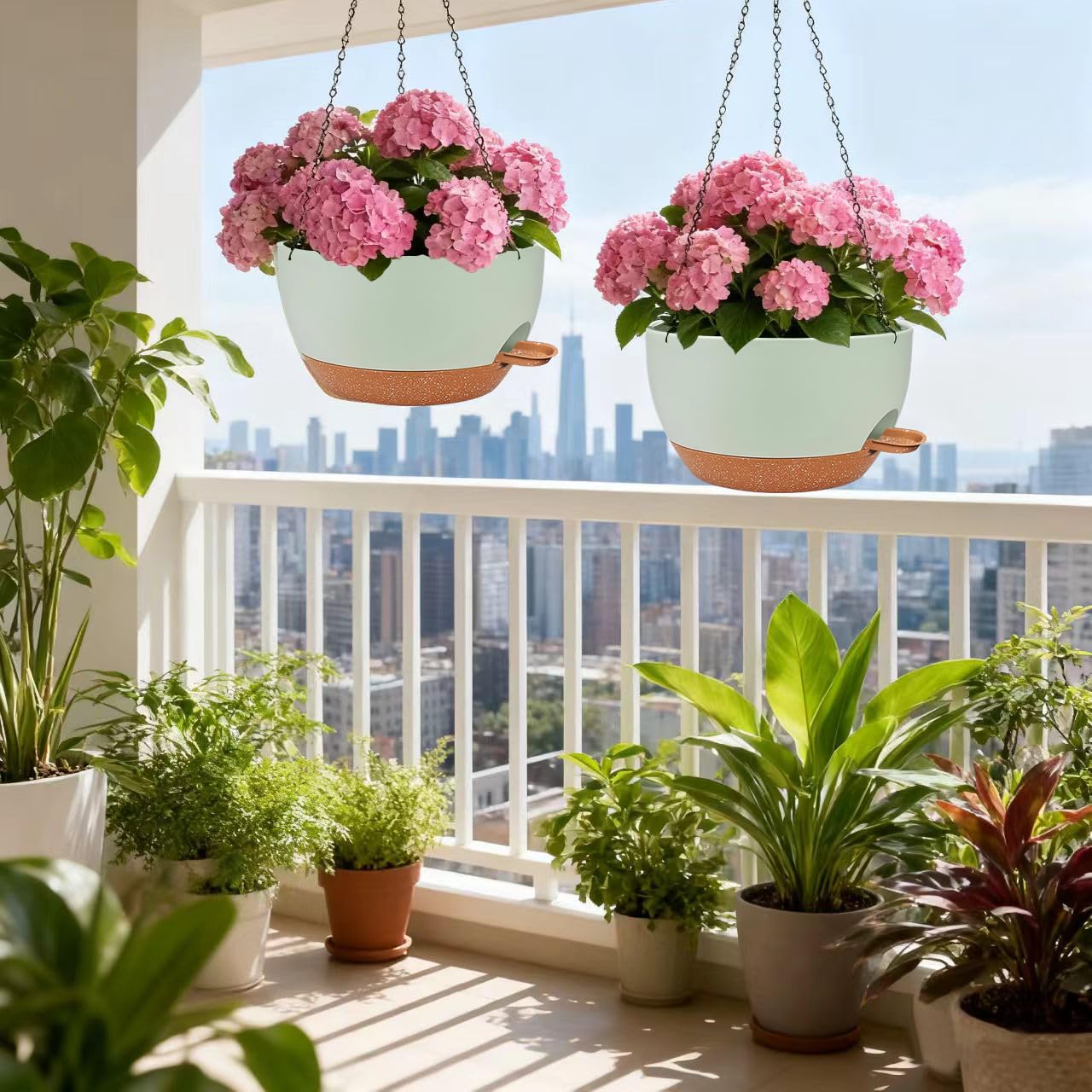 CNLBO 12 Inch Self Watering Hanging Planters 2 Pack, Indoor Outdoor Hanging Pots for Plants with Drainage Holes & Saucers, Green Brown Plastic Hanging Baskets for Kitchen Balcony Garden