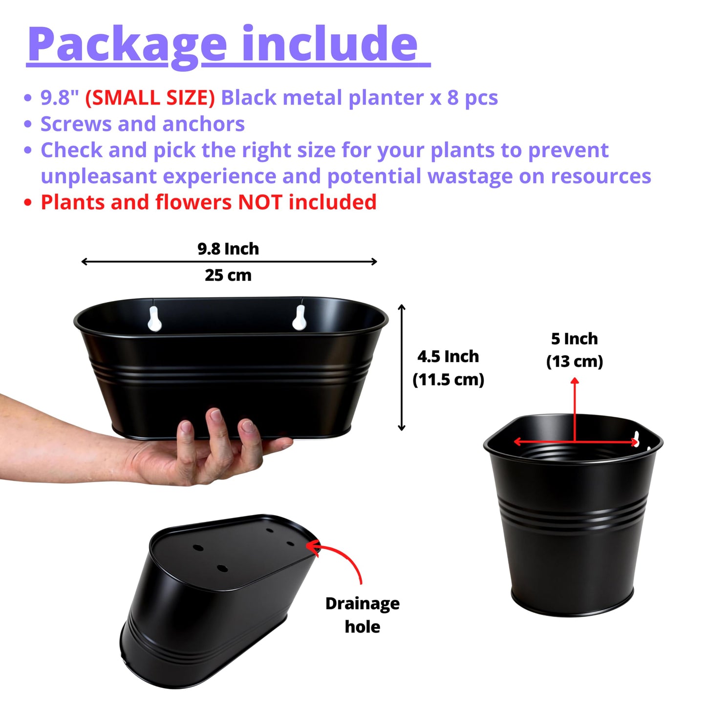 LaLaGreen Wall Planter (9.8 Inch, 8 Pack) Black Oval Metal Hanging Decor Plant Holder Indoor Wall Planters for Indoor Plants Porch Plants Balcony Decoration Mounted Window Planters Pots Pot Baskets
