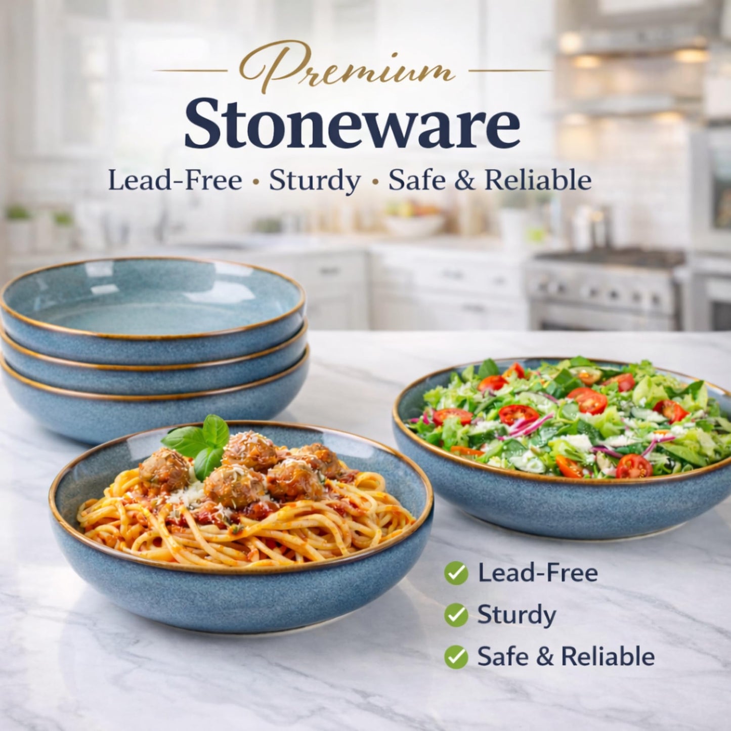 GBhome 8.75'' Large Ceramic Pasta Bowls, 38oz Stoneware Pasta Serving Bowls Set of 4 for Kitchen, Wide Bowls for Fruit,Pasta,Salad,Oatmeal,Meal, Microwave Safe, Reactive Glaze-Space Blue