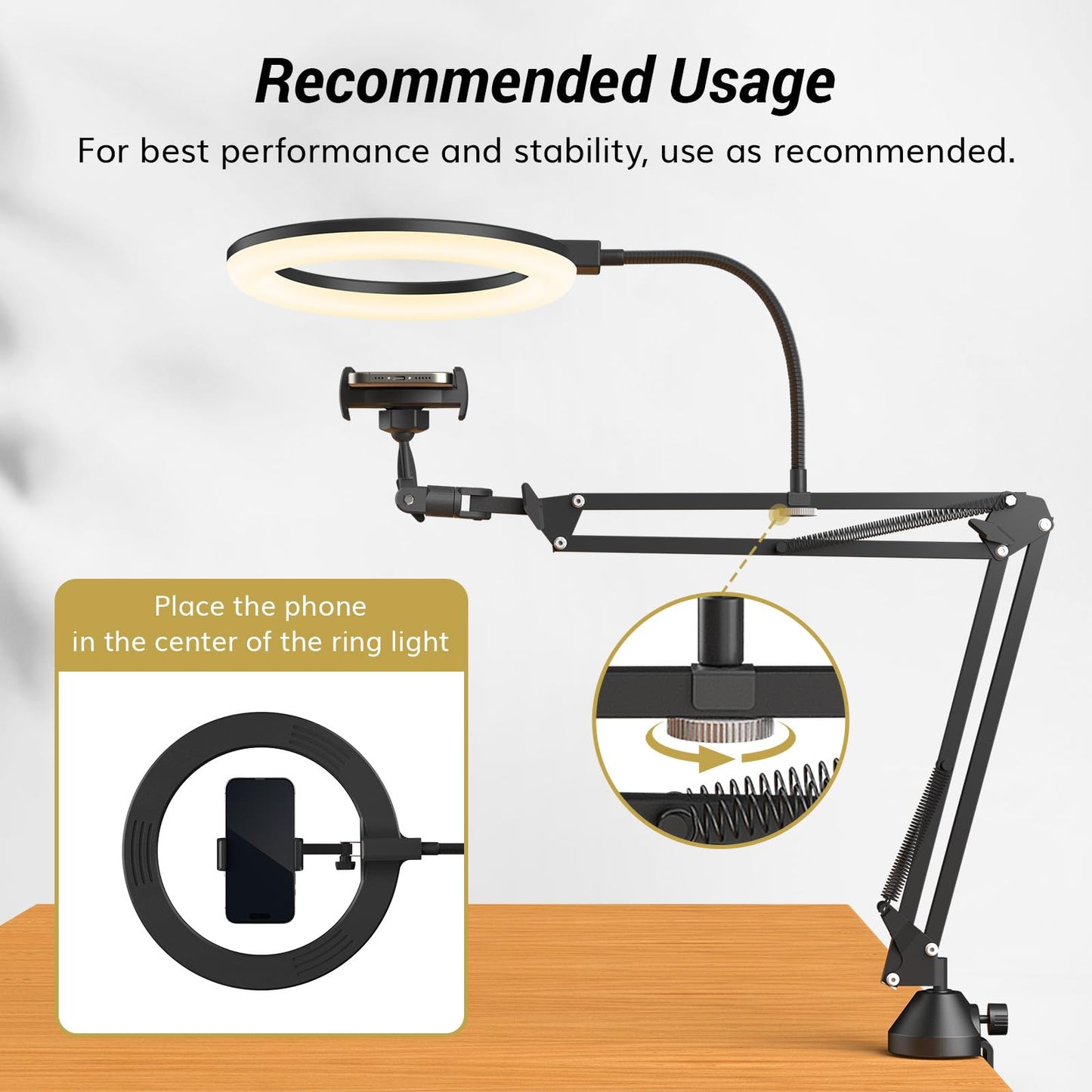 TONOR Overhead Ring Light Kit, 10" Ringlight with Heayy Duty Boom Arm and Phone Holder, Adjustable Angle, Suitable for Video Recording, Live Stream, Drawing, Makeup Nail