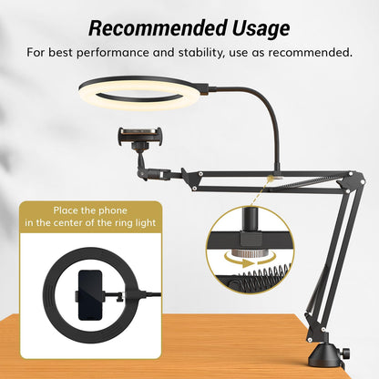 TONOR Overhead Ring Light Kit, 10" Ringlight with Heayy Duty Boom Arm and Phone Holder, Adjustable Angle, Suitable for Video Recording, Live Stream, Drawing, Makeup Nail