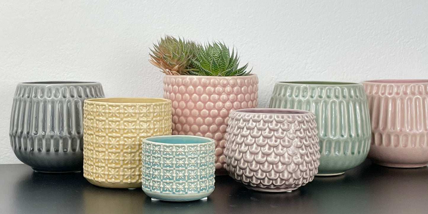 Nordring Stoneware Flower Pot – 6’’ Seasalt Planter with Polka Dots – Modern Ceramic Pot with Crackle Glaze – No Drainage Holes – Holds 5’’ Indoor Plant