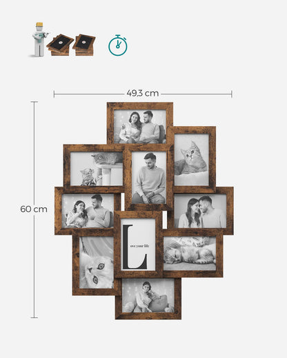 SONGMICS Collage Picture Frames, 10 Frames for 4x6 Photos, Collage Photo Frames for Wall, Multi Frames, Wall Decor, Rustic Brown RPF020X01