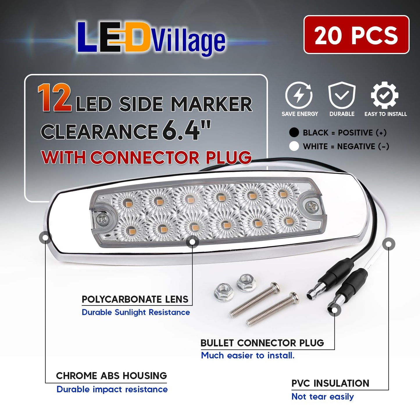 Ledvillage 50 Pack Clear Lens Amber LED Side Marker Lights with 2-Wire Plug 12LED Waterproof Clearance Fender Lamp for Trailer Truck RV SUV Surface Mount 12V DC