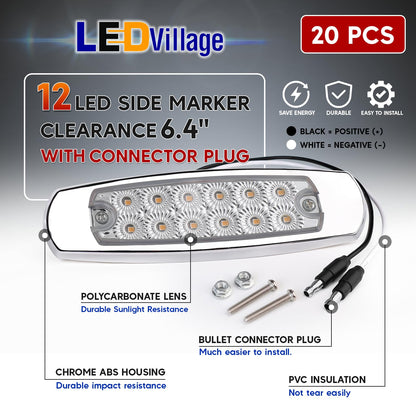 Ledvillage 50 Pack Clear Lens Amber LED Side Marker Lights with 2-Wire Plug 12LED Waterproof Clearance Fender Lamp for Trailer Truck RV SUV Surface Mount 12V DC