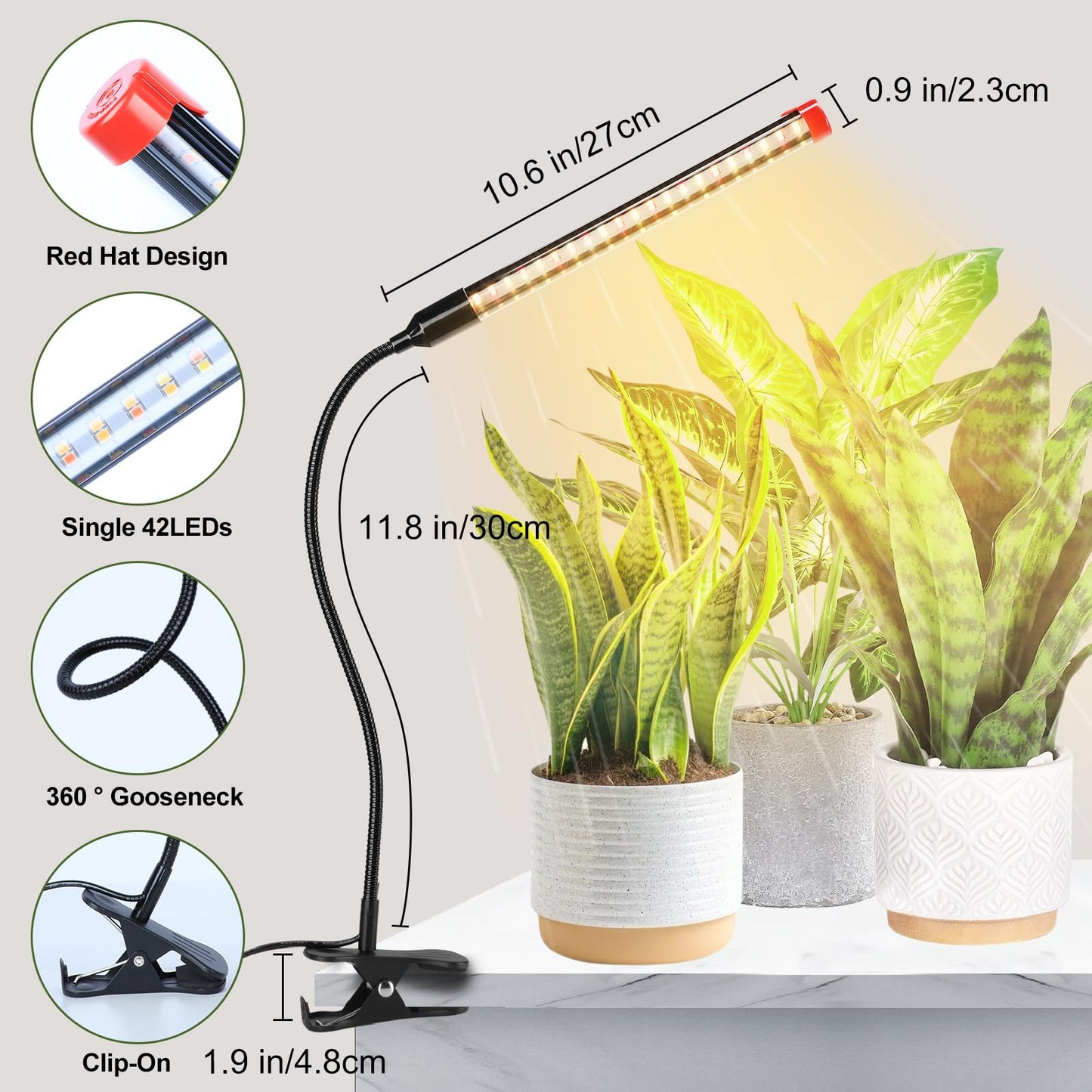 GroCruiser 4Pack 2-in-1 Small Clip Grow Lights for Indoor Plants, Bonsai, Succulent, Cactus, 4/8/12/16/20H Timer, 9 Watt Power Draw, NO Need Adapter, Enough Bright, Best Gift for Plants Lover