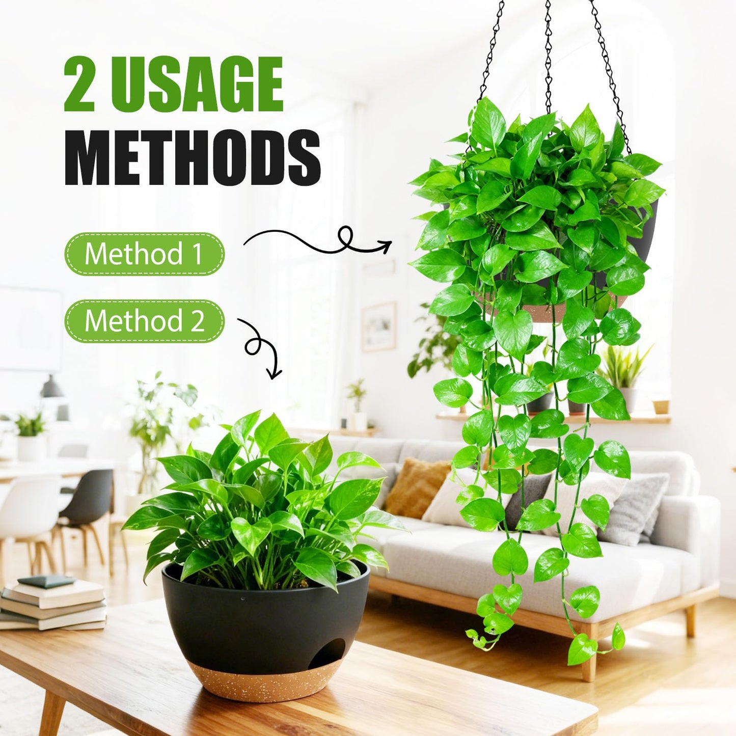 SQKH 8 Inch Hanging Planters for Indoor Outdoor Plants, 4 Pack Black Brown Plastic Self Watering Hanging Baskets with Drainage Holes and Chain for Garden Porch