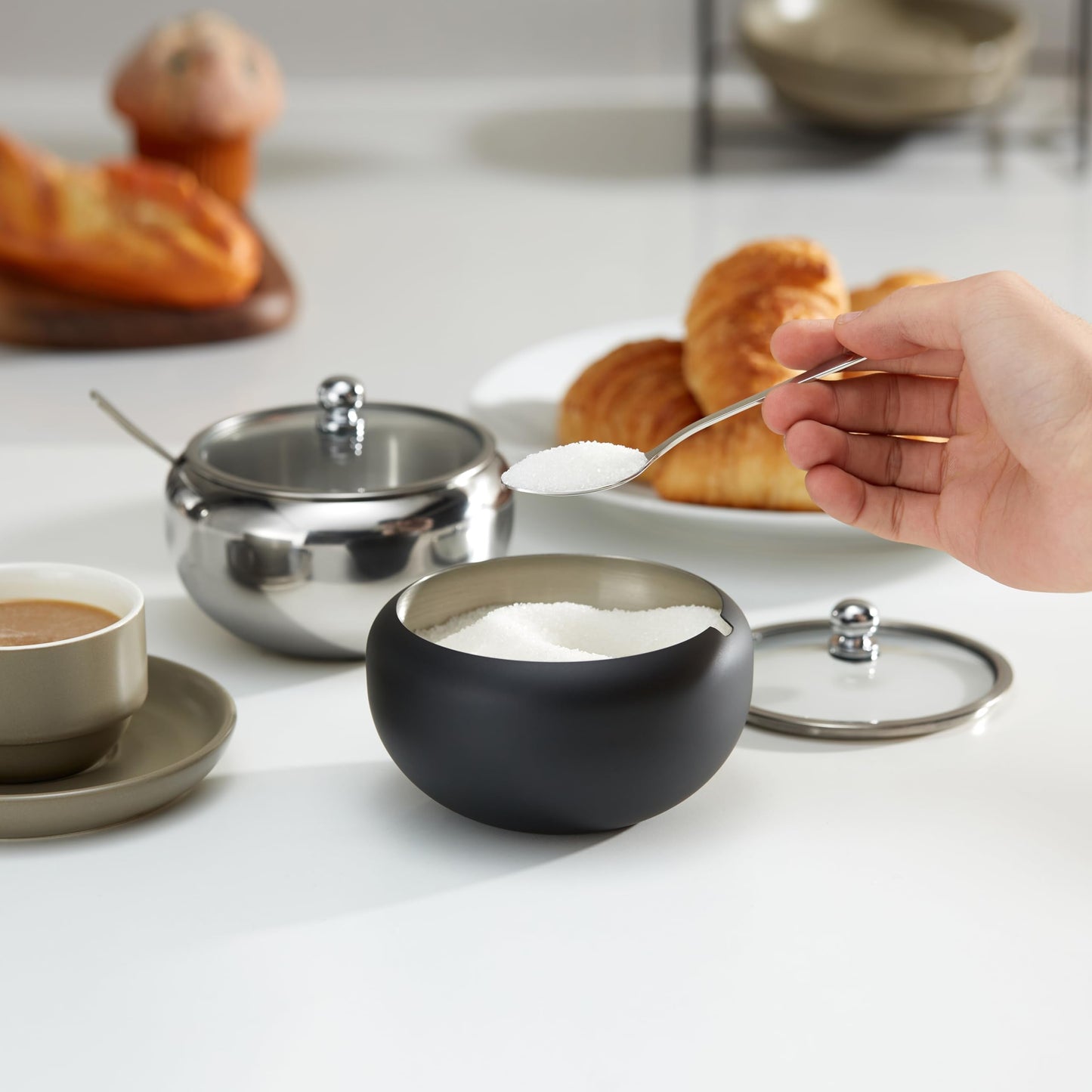 KooK Sugar Bowl with Lid and Spoon, Container with Lid, for Salt, Coffee, Holds 2 Cups, Dishwasher Safe, Stainless Steel, 16 Oz