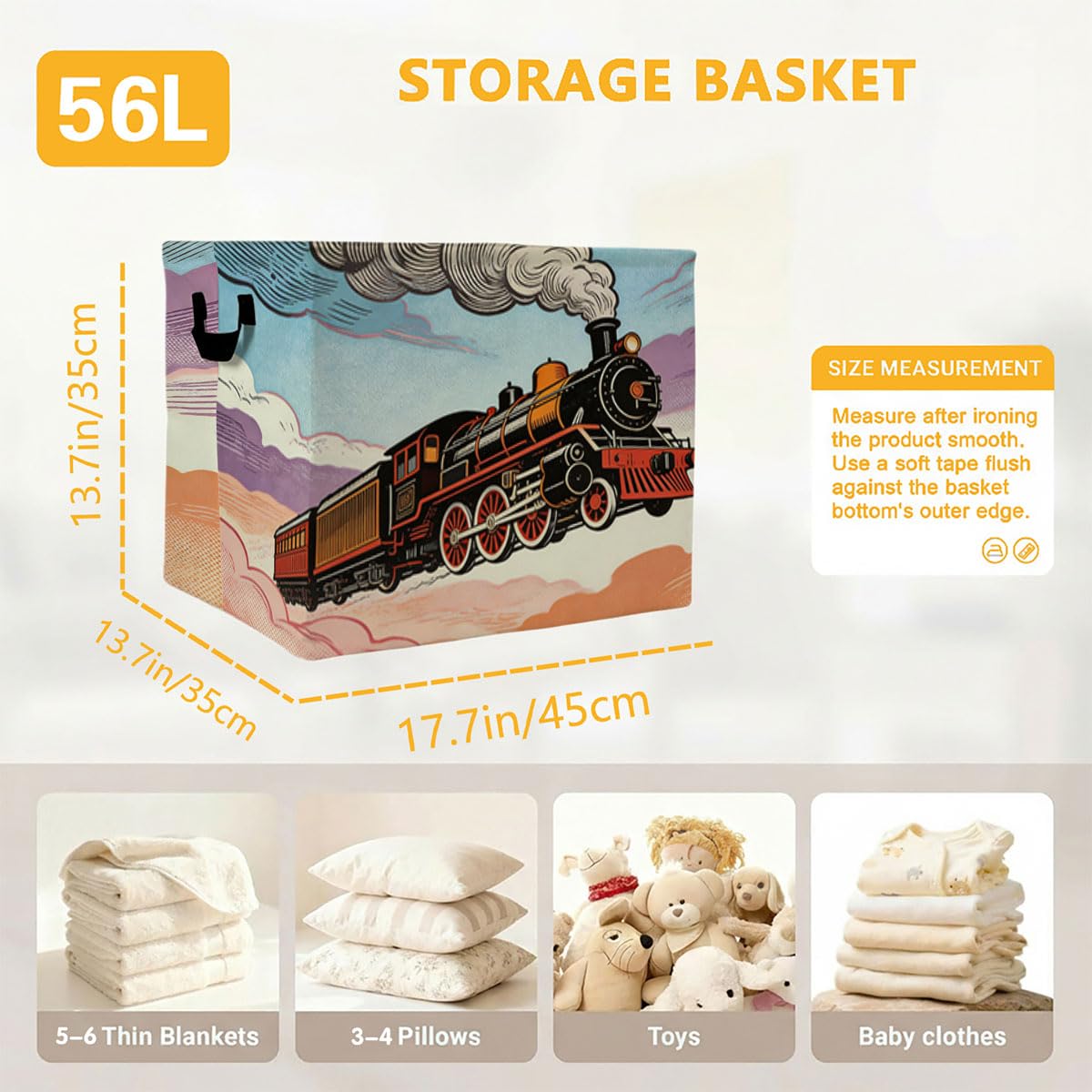 Train Laundry Hamper with Handles,Large 56L Foldable Square Clothes Basket Multi‑Use Blanket Storage Bins for Organizing Books,Toys,Gifts,Room Decoration,Laundry Room,Dorm Nursery