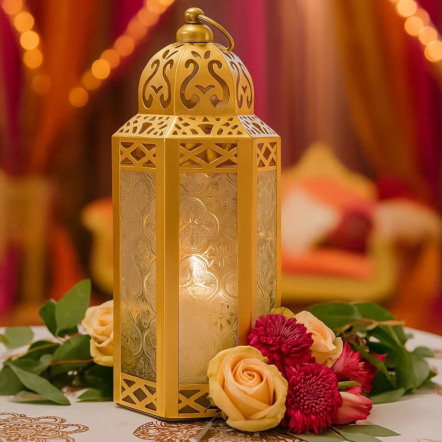 Vela Lanterns Decorative Indoor Moroccan Candle Holders, Gold, M, 2-Pack