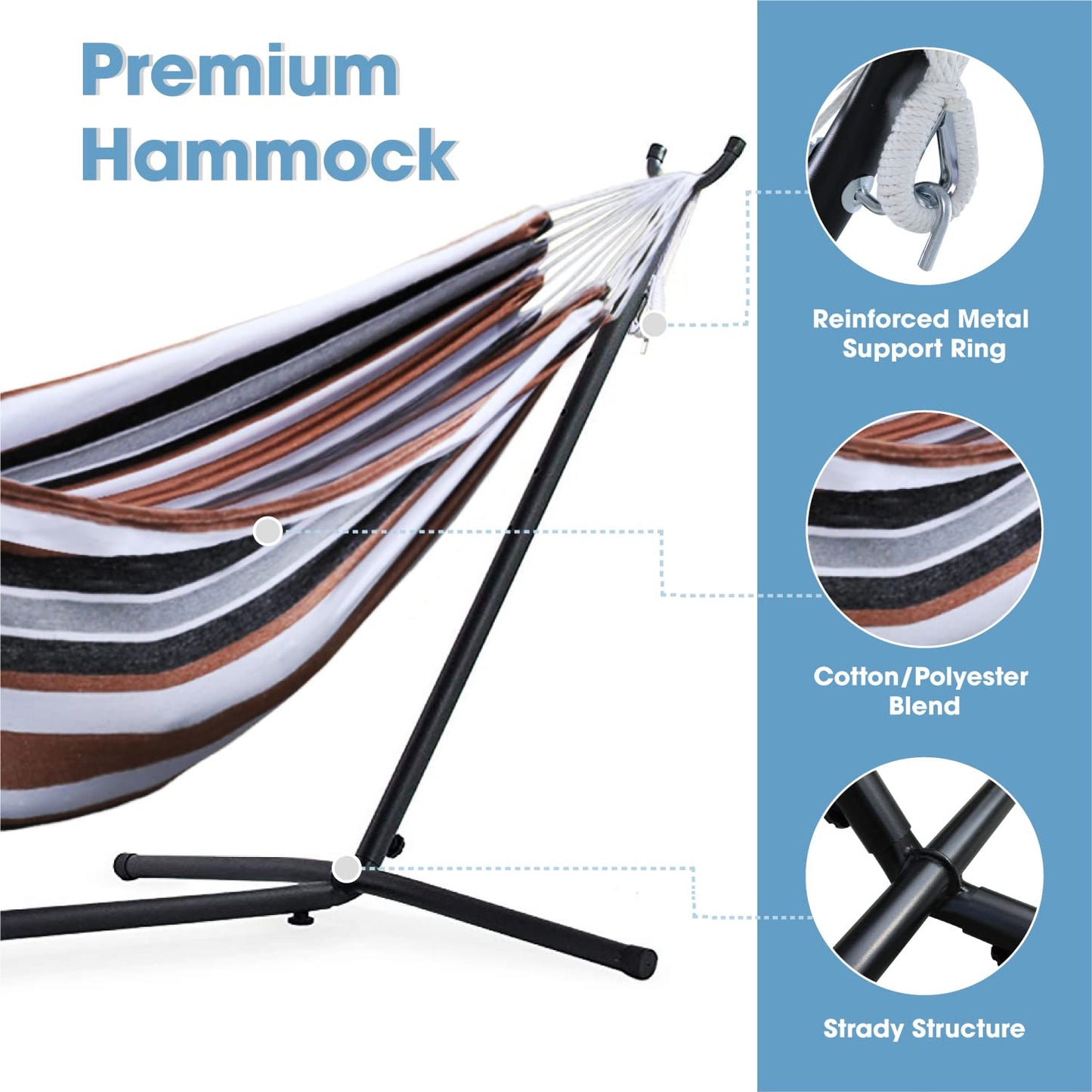 OUTDOOR WIND 550lbs Capacity Double Hammock Adjustable Hammock Bed with 10ft Heavy Duty Steel Stand Includes Portable Carrying Case, Easy Set up