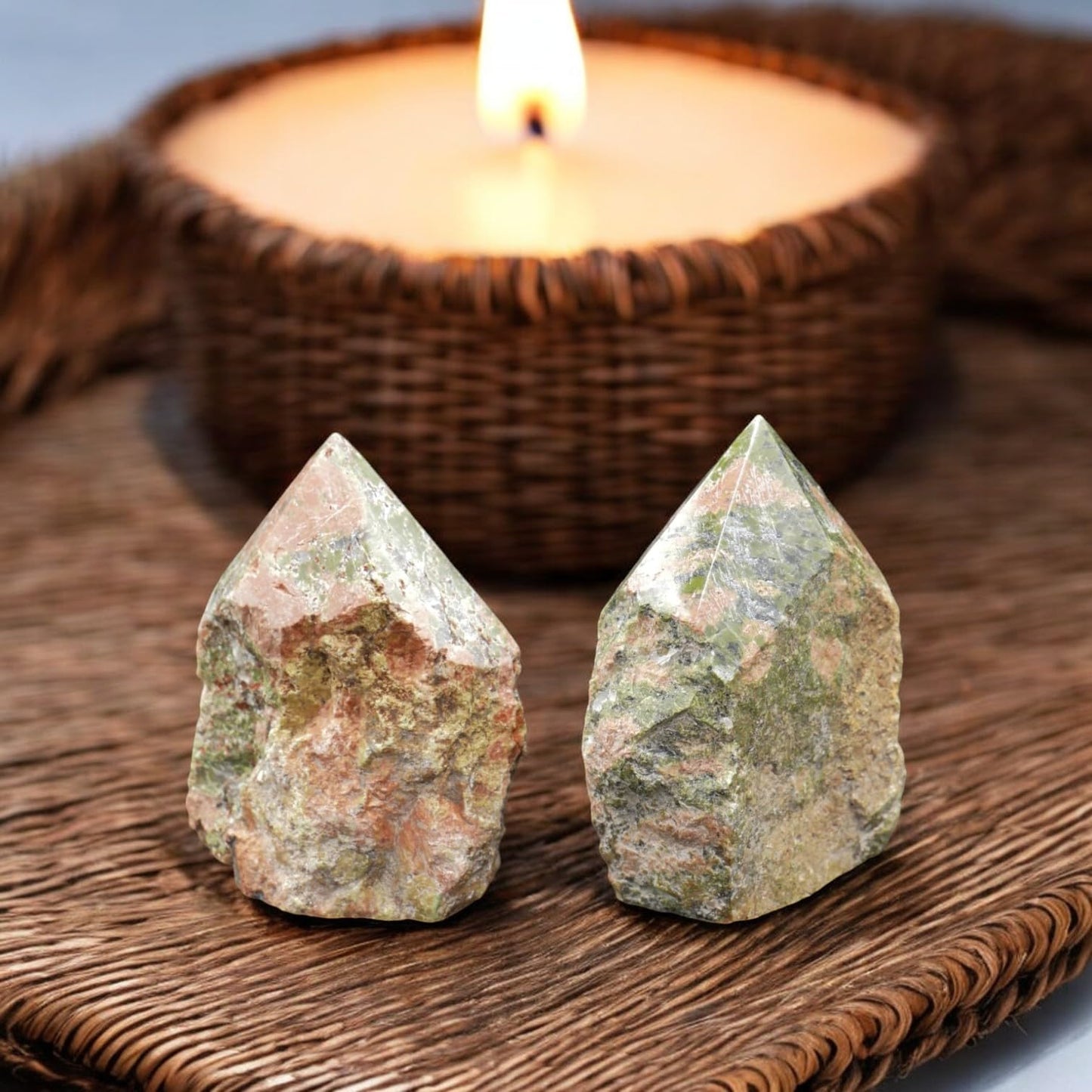 SAMSARI 2 Pcs of Unakite Crystal Points (3 to 3.5 inches Height) – Healing Stones for Meditation, Yoga, and Spiritual Practices – Natural Unakite Gemstones