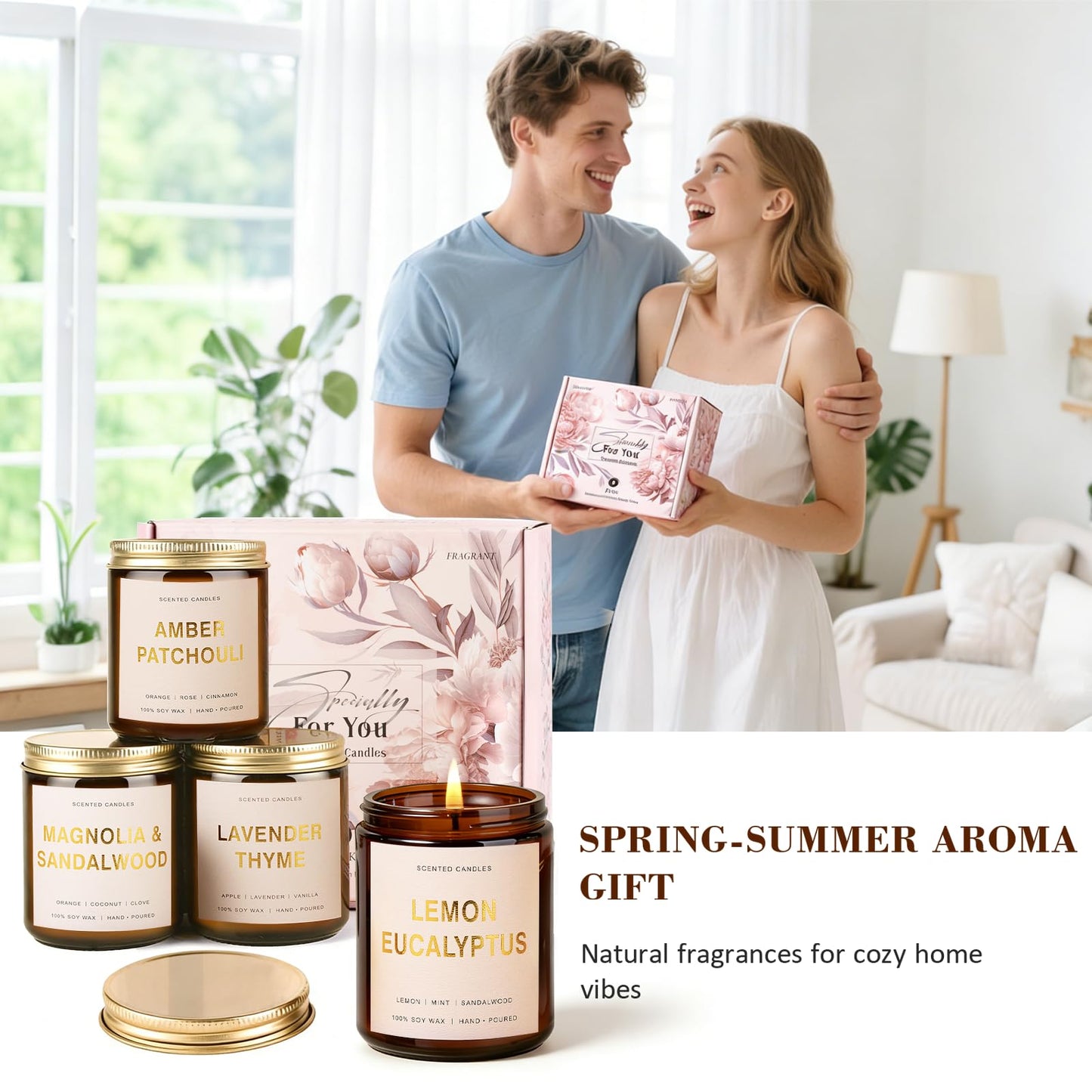 Candles for Home Scented, 4 Pack Soy Candle Non Toxic, Spring Scented Candles with Lavender Thyme, Magnolia & Sandalwood, Amber Patchouli, Lemon Eucalyptus - Candle Gifts Set for Women & Mothers Day