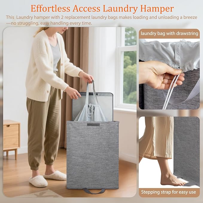 Foldable Laundry Hamper with 2 Removable Drawstring Bags, Portable Laundry