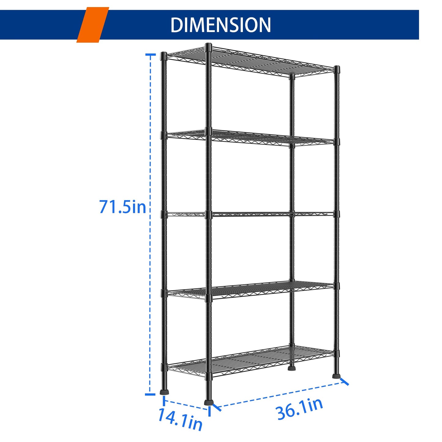 REGILLER 5-Wire Shelving Metal Storage Rack Adjustable Shelves,Standing Storage Shelf Units for Laundry Bathroom Kitchen Pantry Closet(Black,11.8" D x 16.6" W x 53.5" H)