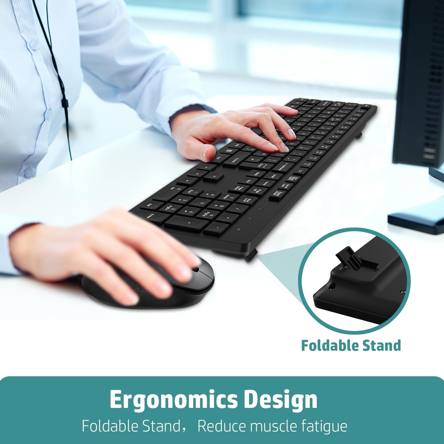 LeadsaiL Wireless Keyboard and Mouse Set, 2.4GHz USB Computer Keyboards and Mouse Combo, Full Size UK QWERTY Layout, Ergonomic Design with 12 Multimedia Shortcuts for HP/Lenovo Laptop and Mac - Black