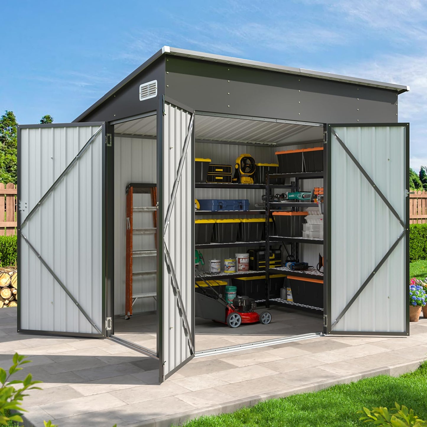 Aoxun 7.5'x4' Triple Door Shed Outdoor Storage Shed with Three Lockable Door Metal Storage Cabinet with Slopping Roof for Tools Bicycles Storage for Garden, Backyards (Black)
